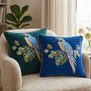Embroidered Parrot Velvet <b>Pillow</b> Cover – Tropical Decor, 18x18 - Product Image 3