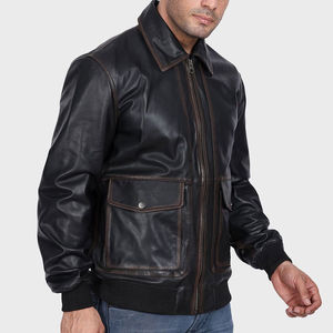 <b>Men</b> Vintage Style Genuine Leather <b>Jacket</b> Zipper Closure Casual Outdoor Regular Fit Soft Outerwear Stand Collar Front Logo - Product Image 2