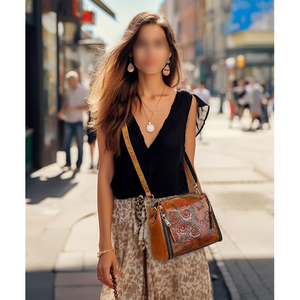 Sac messager vintage en cuir avec embossage floral, fermeture éclair, petite taille, utilisation quotidienne toutes saisons - Product Image 4