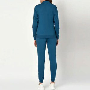 Survêtement bleu pour femme, fermeture éclair intégrale, couleur unie, col montant, sweat-shirt décontracté avec poches latérales, matière respirante en coton et élasthanne - Product Image 4