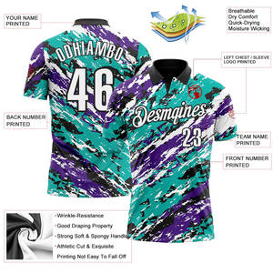 Polo de performance 3D personnalisé noir, violet et aqua pour le bowling – T-shirt athlétique anti-humidité pour l'entraînement et les sports de bowling - Product Image 3