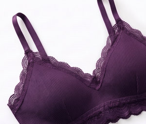 Women's Purple Wire-Free Bra And Hipster <b>Panty</b> Set With Lace Trim Mid-Rise Knitted Spandex Underwear - Product Image 4