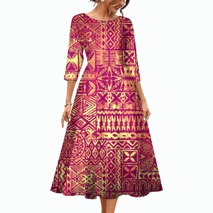 Vestidos Casuales de Manga Midi al Por Mayor, Tallas Grandes, Otoño, Diseño Tribal Polinesio Hawaiano de Lujo, Personalizados, para Mujer - Product Image 3