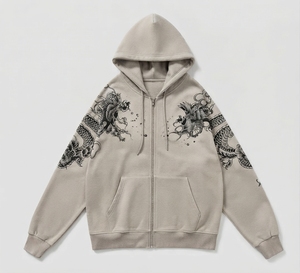 Men's <b>Black</b> <b>Zip</b>-<b>Up</b> <b>Hoodie</b> Chinese Dragon Print Regular Fit Cotton French Terry Sweatshirt Winter Casual Wear Eco-Friendly - Product Image 1