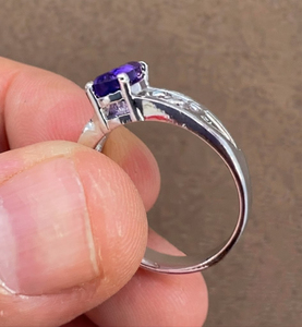 Rhaya Jewels Vintage Elegant Engagement Rhodium Plated 925 Sterling Silver Oval Cut Amethyst Prong Setting Dainty Band <b>Ring</b> - Product Image 3