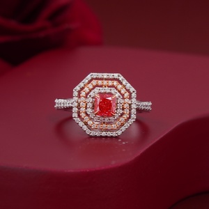 14K White Gold Art Deco Ring 0.53 CT Vivid Red Cushion Cut Lab Diamond Octagon Double Halo Clarity VVS2/VS1 Good Certified IGI - Product Image 1