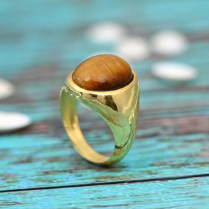 Anillo de Ojo de Tigre Hecho a Mano, Chapado en Oro, con Cabujón Ovalado de Latón, Anillo Decorativo, Joyería Boho Hecha a Mano para Mujer - Product Image 3