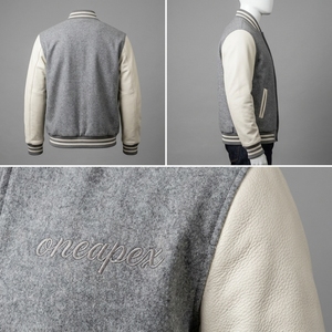 Men's Light Grey Wool <b>Jacket</b> Cream Sleeves Custom Logos Rib Knit Collar Cuffs Zip Front Luxury Streetwear Bomber Outerwear Style - Product Image 5