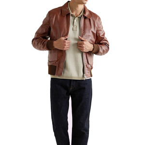 Blouson aviateur en cuir véritable marron pour homme, col rabattu, fermeture éclair, style motard, hiver, imperméable, respirant, coupe classique - Product Image 2