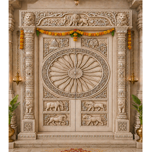 Puerta de Madera de Teca Tallada a Mano, Tradicional y Profesional, con Motivos de Elefantes y Leones, para Entrada de Sala de Pooja, Estilo Real - Product Image 1