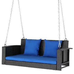 Sedia a dondolo in rattan nero da 49 pollici con cuscino blu, resistente sedia a dondolo da patio in rattan - Telaio non incluso - Product Image 3
