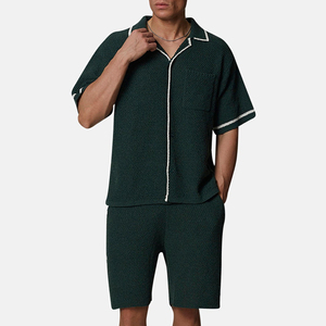 Conjunto de Pijama Oxford de Algodón Verde Oscuro para Hombre, Manga Corta, Botones al Frente, Pantalones Cortos, Transpirable, Color Sólido, Tejido de Tela - Product Image 4