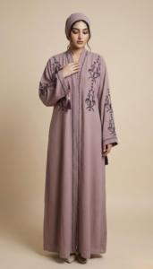 Purple Embroidered Dubai <b>Abaya</b> With Long Sleeves Floor Length Modest Dress For Women Round Neck Cotton Loose Fit Daily Wear - Product Image 4