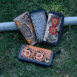 Cartera plegable de moda occidental personalizada, Cartera de mano de cuero de vaca auténtica de grano completo, tarjeteros y pasaportes de cuero tallado - Product Image 6