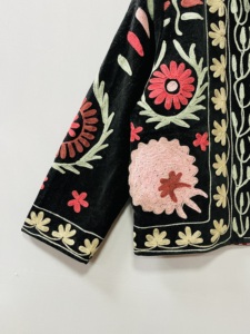 Velvet Suzani Embroidered Artisan Handmade Bomber Jacket Handcrafted Floral Design Medium Length 100% Cotton Velvet Soft All - Product Image 4