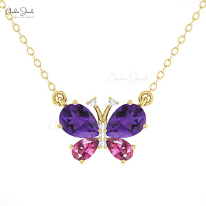 Nouveau Collier Papillon en Améthyste et Grenat Rhodolite 7x5mm, Or Massif 14 carats, Inspiré des Diamants, Bijou Tendance - Product Image 4