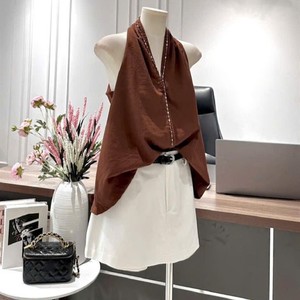 Ensemble coréen élégant : Blouse drapée brodée style halter et mini-jupe trapèze 100 % coton respirant et doux pour un usage quotidien raffiné - Product Image 6