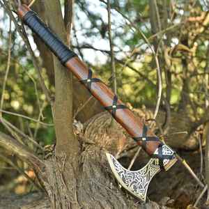 Handmade Tomahawk Axe With Wooden Handle And Black <b>Leather</b> Wrap Forged Steel Blade Survival Hatchet Outdoor Camping <b>Tool</b> - Product Image 1