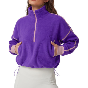 Sudadera extragrande de forro polar morado para mujer Harry Johnson con media cremallera, cuello alto, hombros caídos, manga larga y corte cropped, ideal para otoño. - Product Image 1