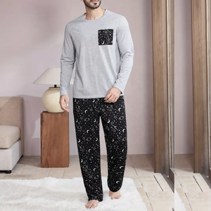 Ensembles de pyjamas 100% coton pour hommes Ensemble de nuit en jersey tricoté à col imprimé unique Vêtements de nuit en tissu éponge Lot de 2 - Product Image 2