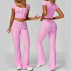 Conjuntos Deportivos de 2 Piezas para Mujer con Ribete Blanco, Tops de Manga Corta y Leggings Anchos, Conjuntos Deportivos Populares para Gimnasio, Yoga y Fitness - Product Image 5
