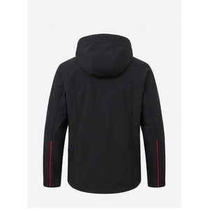 Men's Black Hooded <b>Fleece</b> <b>Jacket</b> with Red Accents Reflective Embroidery Windproof Sporty Winter Wear Zipper Closure Regular Fit - Product Image 4