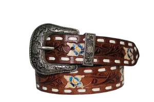 <b>Tooled</b> Leather Western Belt Cowboy Style Floral <b>Engraved</b> Belt for Men from Divine International India - Product Image 5