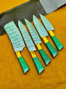 Juego de Cuchillos de Acero de Damasco Hechos a Mano, 5 Piezas, Mango de Resina Verde, Cuchillos de Chef Afilados, Cuchillos de Cocina Ambidiestros, Venta al Por Mayor OEM - Product Image 5