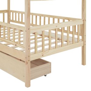 Letto a casetta in legno per bambini, singolo, con due cassetti, colore naturale - Product Image 6