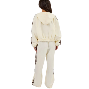 Womens Cropped Full <b>Zip</b> Hooded Tracksuit Set Contrast <b>Side</b> Stripe Wide Leg <b>Trousers</b> Loose Fit Two Piece Streetwear Lounge Outfit - Product Image 1
