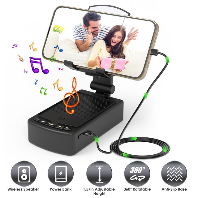 1Pc Black HD Surround Wireless Speaker Cell Phone Stand Portable Foldable Power Bank Anti-Slip Base Multifunction Chargers