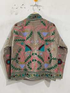 <b>Hand</b>-Embroidered Floral Velvet Outerwear Olive <b>Green</b> Velvet Jacket Stand Collar Long Sleeve Boho Vintage Floral <b>Towel</b> Embroidery - Product Image 3