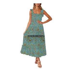 Vestido Casual de Verano Bohemio Ecológico de Algodón con Estampado a Mano, Tirantes Finos, Largo hasta el Suelo, Cuello Redondo, para Fiesta, para Mujer - Product Image 4