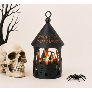 Spooky Black Metal Halloween <b>Lantern</b> Tealight Holder Haunted House Silhouette & Happy Halloween Cut-out Tabletop Ornament - Product Image 4
