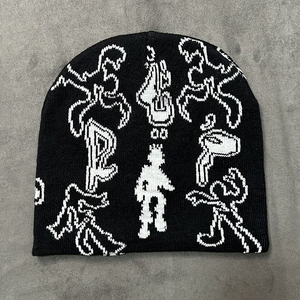 Custom Logo Jacquard Knitted Beanie Black With Green Pink Letter Pattern Unisex Street Style <b>Hat</b> 56-58CM Adult <b>Winter</b> Cap - Product Image 2