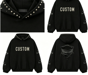 Sweat à capuche personnalisé avec lettres en strass, sweat à capuche noir surdimensionné à manches déchirées, streetwear de haute qualité, sweat à capuche pour hommes - Product Image 5
