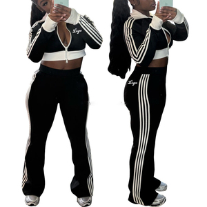 Women 2 Piece <b>Set</b> Short Sleeve Zipper Short Top Flared Pants Solid Color Knitted Sportswear <b>Sexy</b> Club Wear Quick Dry All Seasons - Product Image 5