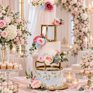 Support à gâteau multicouche en acier inoxydable fait main, écologique, résistant au four, avec cadre doré et décorations florales pour célébration de mariage - Product Image 3