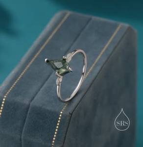 Anillo de compromiso clásico de una sola piedra de ágata musgosa con corte rombo de 1 quilate en plata de ley, anillo de ágata musgosa con forma de cometa - Product Image 2