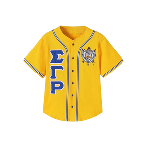 Maillot de baseball SGRHO bleu roi à manches courtes, boutonné, avec broderie de blason et lettres grecques, pour sororité et équipe universitaire - Product Image 1
