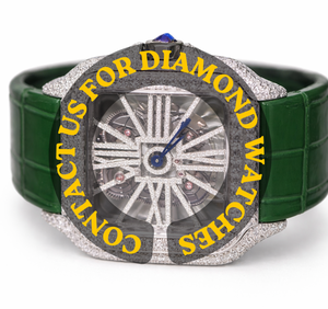 Shiny Custom Green Leather Band Square <b>Case</b> Skeleton Dial Moissanite Diamond Bust Down Mechanical Unique Branded Collection - Product Image 2