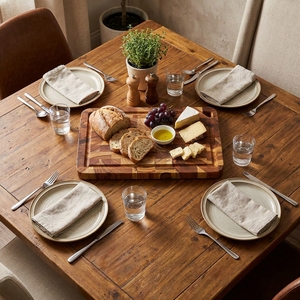 Planche à découper ronde en teck avec poignée et rainure pour jus, faite à la main, durable, compatible lave-vaisselle, vente en gros Viettimecraft - Product Image 3