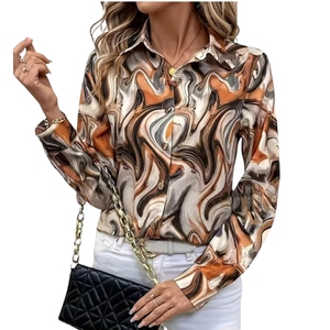 Women's Printed Long Sleeve Button Down Blouse Casual Spring Summer <b>Top</b> Regular Fit Polyester Shirt With Abstract Pattern - Product Image 1