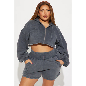 Custom Plus Size Women's Acid Wash Crop Zip Hoodie Sweat Shorts <b>Set</b> 360GSM Heavyweight Polyester/Cotton Regular Summer Casual - Product Image 1