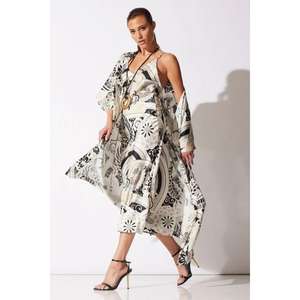 Bata Kimono de Satén para Mujer con Estampado Floral Blanco y Negro, Lujosa Ropa de Estar por Casa y Dormir de Longitud Media con Cinturón - Product Image 2