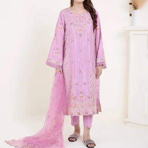 Ensemble Salwar Kameez Dupatta 3 Pièces en Soie Mousseline Brodé Motif Floral Respirant pour Femme – Style Pakistanais et Indien – Idéal Été - Product Image 1