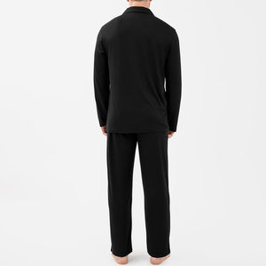Men's <b>Black</b> Long Sleeve Stretchy Front Logo <b>Pajama</b> <b>Set</b> Solid Color Knitted Cotton Sleepwear Casual All Seasons - Product Image 6