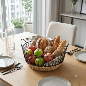 Panier de rangement rond en fil métallique de nouvelle conception avec poignées, cadre en fer noir, fond tissé en jacinthe d'eau - Product Image 4