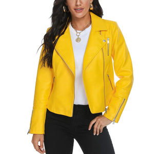 Veste de moto en cuir de vache jaune pour femme, coupe-vent, manches longues, col rabattable, fermeture éclair, longueur normale, couleur unie, hiver - Product Image 5