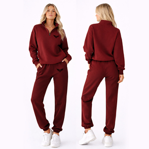 Ensemble de survêtement bordeaux personnalisé pour femme, 2 pièces, sweat-shirt et pantalon de jogging, vêtements de sport décontractés, tenue de fitness avec logo personnalisé - Product Image 1